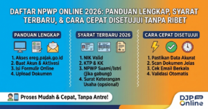 buatkan gambar ukuran 1200x630 Daftar NPWP Online 2026: Panduan Lengkap, Syarat Terbaru, dan Cara Cepat Disetujui Tanpa Ribet