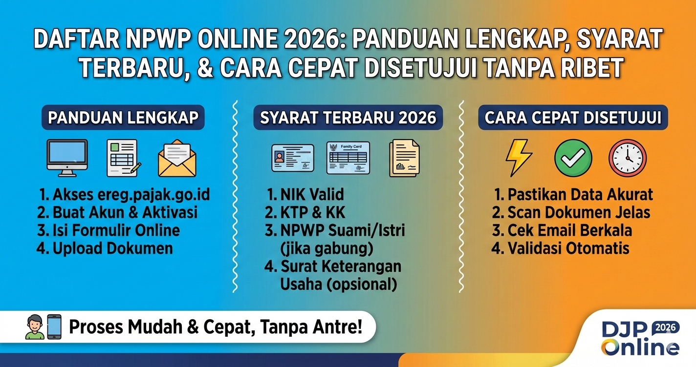 buatkan gambar ukuran 1200x630 Daftar NPWP Online 2026: Panduan Lengkap, Syarat Terbaru, dan Cara Cepat Disetujui Tanpa Ribet